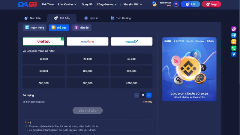 Hướng dẫn thực hiện rút tiền DA88 chi tiết nhất